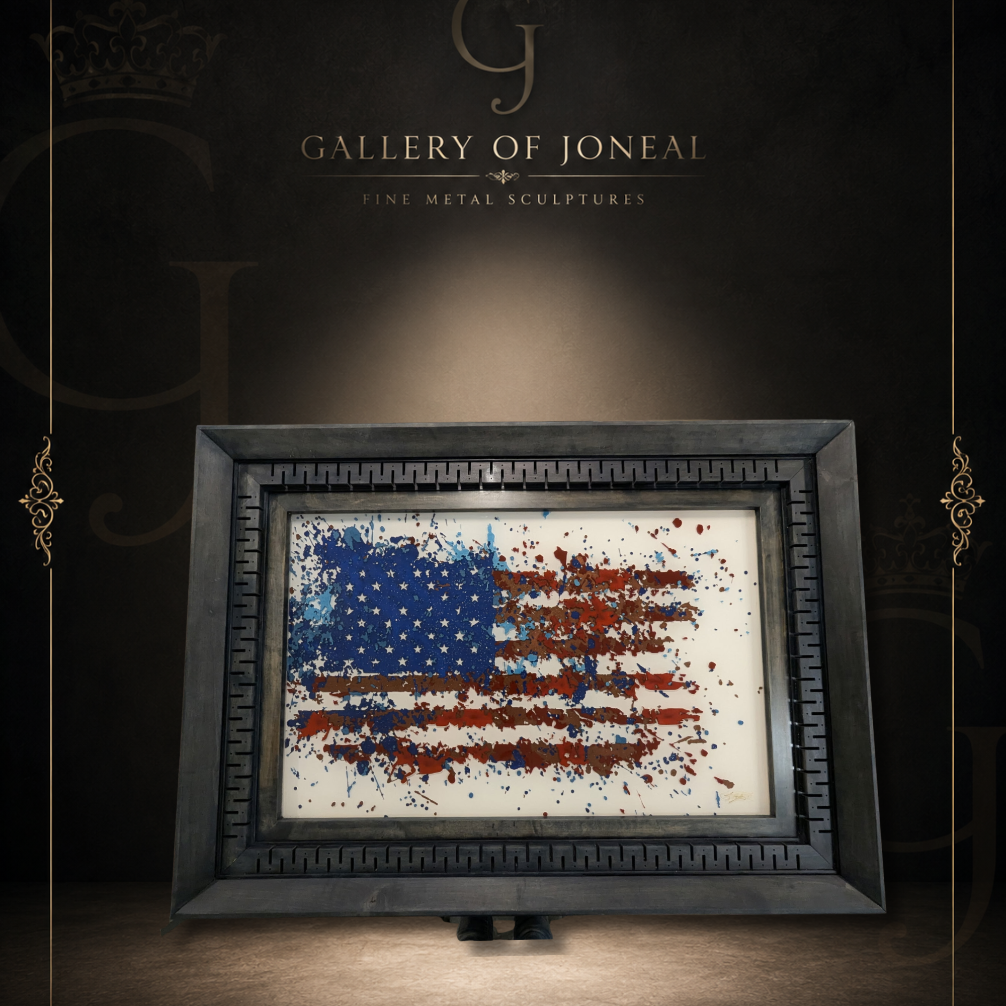 American Flag Resin Artwork featuring an abstract patriotic flag design in a handcrafted frame by Gallery of Joneal