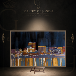 Indiana Cityscape Resin Artwork featuring a colorful downtown skyline reflected across water in a contemporary resin composition by Gallery of Joneal
