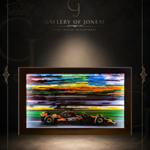 McLaren Blur contemporary motorsports resin artwork featuring a Formula racing car against a vibrant abstract motion background.
