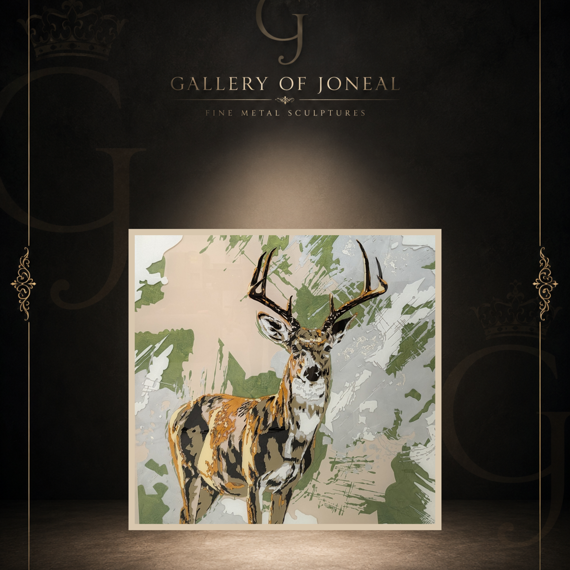 White Tailed Deer Grande Resin Wildlife Artwork featuring a majestic buck with antlers against an abstract woodland-inspired background